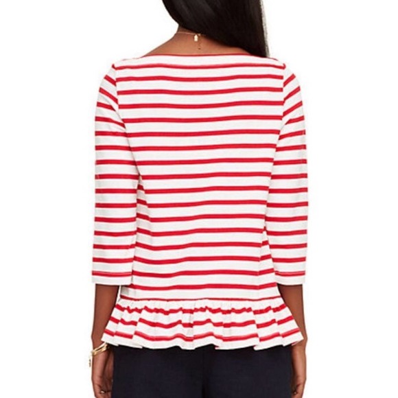 KATE SPADE Broome Street Red Nautical Striped Boatneck Ruffle Back Cotton Top XS - Picture 2 of 13